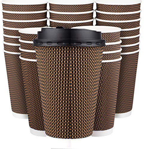 Promora Brown Disposable Coffee Cups With Lids 16 oz, Premium Insulated Paper Ripple Cups for Hot Coffee, Paper Coffee Cup with Lids (80 Pack)