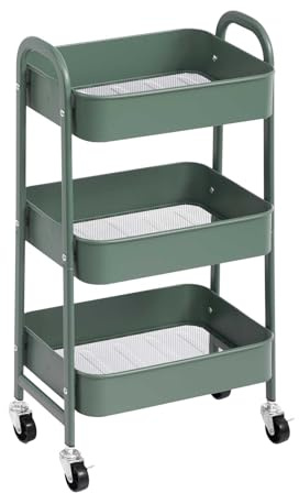 AGTEK 3 Tier Utility Rolling Cart with Lockable Wheels, Metal Multifunctional Storage, Organizer Cart for Kitchen, Office, Living Room, Makeup, Craft, Art Studio, Olive Green