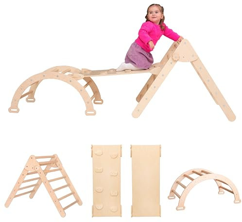 Wood And Hearts Montessori Kletterdreieck mit Rutsche – Kletterbogen aus Holz – Kinderrutsche Indoor für Baby & Kinder – Spielplatz Klettergerüst für Kinderzimmer