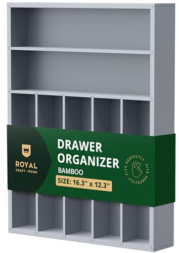 ROYAL CRAFT WOOD Luxuriöser Besteckhalter aus Bambus und Besteck-Organizer und Besteck-Organizer, Utensilienhalter und Besteckkasten mit gerillten Schubladenteilern für Besteck, 7 Fächer, Grau
