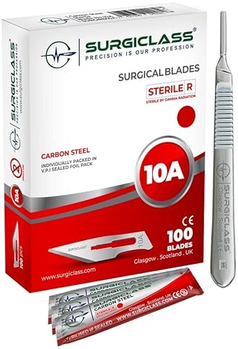 # 10A Carbon Steel Sterile Box of 100 and Handle No 3 Perfect for Wood Art, Surgical, Sculpting, Repairs, Lab Anatomy, Sign, Card Making Lab Training SURGIRD10A-100