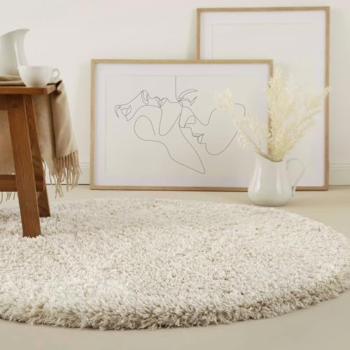 Homie Living Matteo gewebter Teppich, 120 cm rund, beige | Läufer, nachhaltig, modern, einfarbig, kuschelig weich und sehr flauschig, Hochflor bestens geeignet für Wohnzimmer