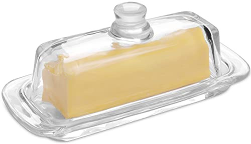 Gusnilo Plato de mantequilla de cristal, bandeja transparente clásica para mantequilla con tapa y mango para guardar mantequilla (1 unidad)