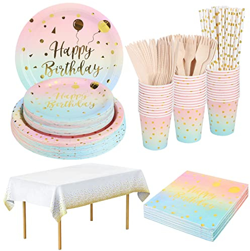 YIMAKJ Partygeschirr Set, Geburtstag Party Geschirr, Pappteller Kindergeburtstag Set für Partys, Geburtstags, Hochzeitsfest, Jubiläen, Abschlussfeier, Gradient Partyteller 20 Gäste