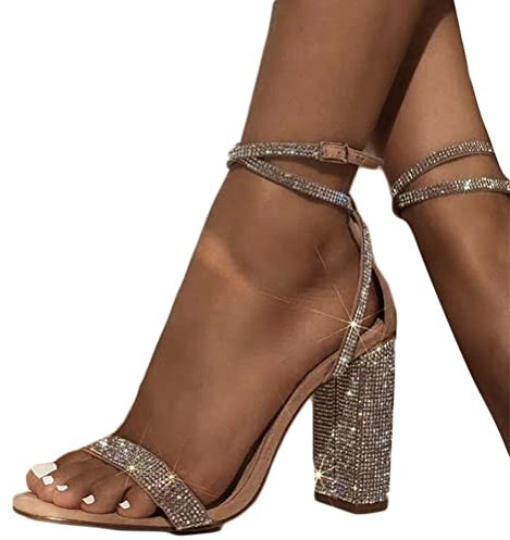 Minetom Damen Sandaletten High Heels Bling Blockabsatz Peep Toe Sandalen Knöchel Schnalle Abend Party Freizeit Hochzeit Sommer Schuhe B Gold 37 EU