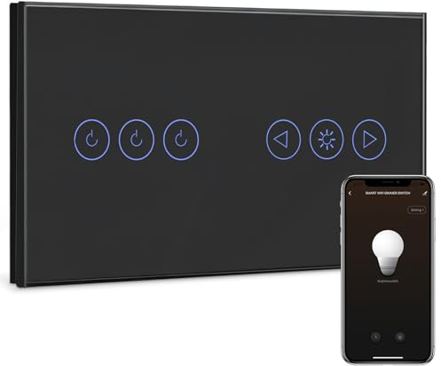 BSEED Interruttore WIFI Tattile e Interruttore Dimmer WIFI Alexa 3 Gang 1 Via, Interruttore Smart Compatibile con Google Home, Interruttore a Parete Nero(Richiesto la Linea Neutra)