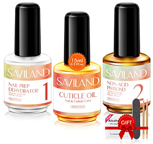 Saviland 3PCS Dehydrator für Nägel Primer für Gelnägel Set: Nail Primer Dehydrator Cuticle Oil für Acrylpulver U V Nagellack Poly Gel Dip Powder Nail Tips Gelnägel Starterset Langlebig für 28+ Tage