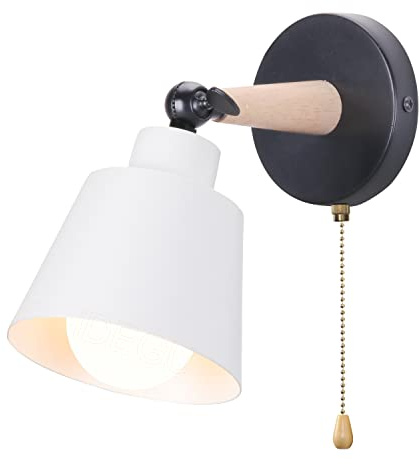 iDEGU Wandleuchte Innen Retro Wandlampe aus Holz und Metall mit Schalter Verstellbar Wandspot Moderne Wandleuchte für Schlafzimmer Flur Eingang Wohnzimmer (Matt Weiß)