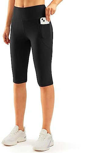 SANTINY Women's Knee Length Capri Leggings with Pockets High Waisted Workout Exercise Yoga Capris Pants for Women (Black_L)