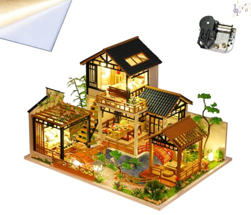TOPBSFARNY Maison de poupée 3D assemblée en bois miniature à l'ancienne maison de style rustique avec housse anti-poussière et mouvement musical Kit de construction Petite maison en bois Puzzle