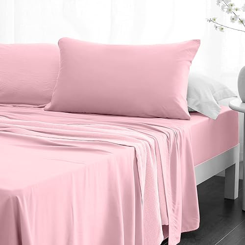 Crescent Textile Sheet Set for Bed 200TC 100% Egyptian Cotton Super Soft Easy Care Fitted Sheet & Flat Sheet with Pillowcases Bedding Set (Pink, Double)