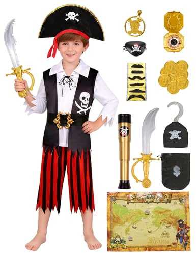 Velmawig Piratenkostüm Kinder Jungen Piraten Kostüm Outfit Zubehör Set Fasching Kostüm Kapitän Cosplay mit Piratenhut Augenklappe Piratenhose Ohrringe Gold für Halloween Karneval VL014L