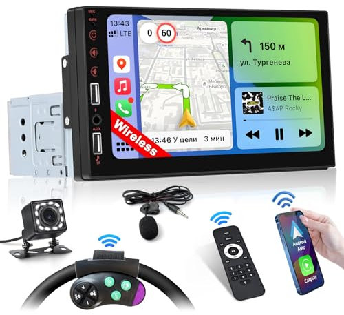 Inefala Autoradio Bluetooth 1 Din Compatibile con Wireless Carplay Android Auto, 7 Pollici Touchscreen Stereo Auto Supporta Bluetooth Vivavoce/Mirror Link/FM Radio/USB/AUX/EQ con Telecamera Posteriore