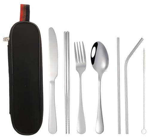 Lot de 8 couverts de voyage portables en acier inoxydable réutilisables avec sac à couverts, baguettes, cuillère, fourchette, brosse de nettoyage et paille (argenté)