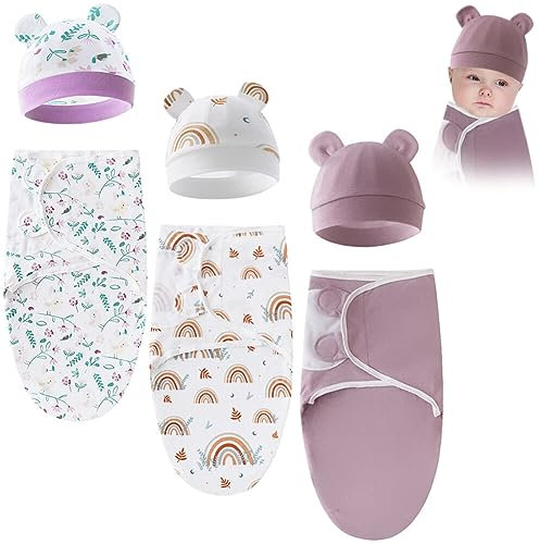 Pucksack Baby 3 Stück Set Unisex Baby Pucktuch mit Kopfschutz Mütze Baumwolle Verstellbares Wickeldecke Babyschlafsack für Säuglinge Babys Neugeborene 0-6 Monate