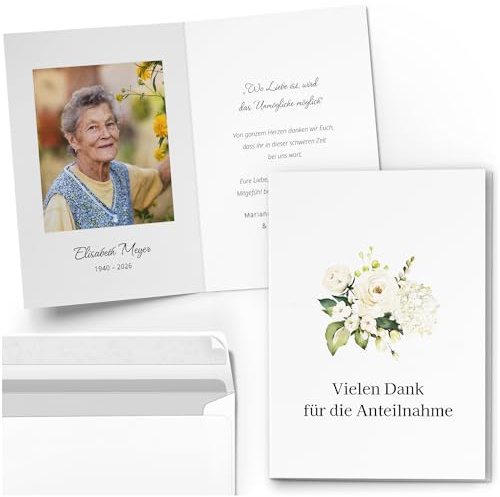 10 personalisierte Trauer Danksagungen Dankeskarten mit eigenem Text und Foto | Individuell anpassbare Danke Trauerkarten mit Briefumschlägen | Karten Anteilnahme Blumen weiss