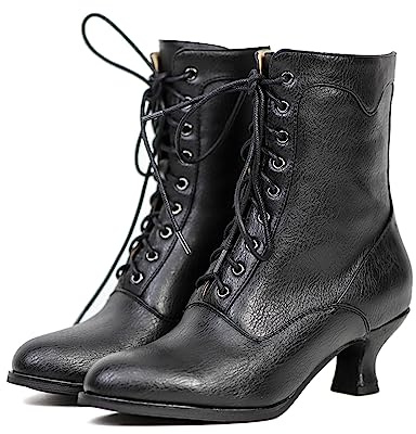 Yremael Women's Black Ankle Victorian Round Toe Boots Kitten Low Heel Lace Up Witch Boots