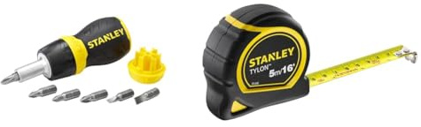 STANLEY 066358 Multi-Bit Stubby Screwdriver & Tylon Tape Measure 5M/16 Inches Compact Case with Cushioned Grip Metric and Imperial System 1-30-696, Yellow