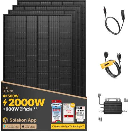 Solakon Balkonkraftwerk 2000W komplett Steckdose - Balkonkraftwerk 2000 Watt neuester Wechselrichter 800W - Solaranlage Komplettset mit 4x500W Solarpanel/Solar Panels mit 5m Kabel
