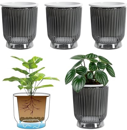 ACESOME 4 stücke Selbstbewässerungstopf Blumentöpfe mit Baumwollseil und Tiefem Wassertank, Küchenkräuter Blumentopf mit Bewässerungssystem, Pflanztopf für Zimmerpflanzen (Grau, 12 x 14,5cm)