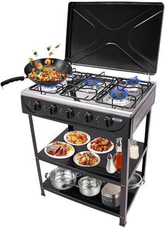 MINRS Gasgrill 5 Brenner Grillwagen mit Deckel Gas Grill gasgrills einzelnen Brenner unabhängig voneinander regeln Grillstation Gasgrillgerät Gasgrillstation Gaskocher Grill mit Gasbetrieb, Schwarz