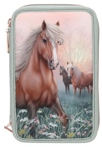 Depesche 13403 Miss Melody Romantic Fields - Gefüllte 3-Fach Federtasche in Grün, mit Pferde Motiv, Blumen und Glitzer, Federmappe mit Buntstiften, Lineal, Schere uvm.