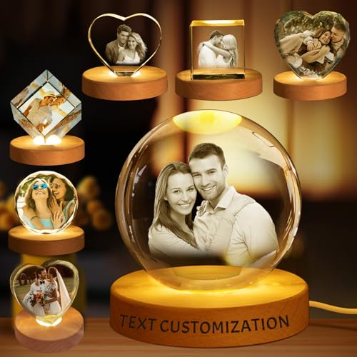 Custom 3D Crystal Ball Night Light – Personalized Photo with Wooden Base – Engraved Gift for Birthday, Wedding, Graduation, and Special Occasions (Spherical)