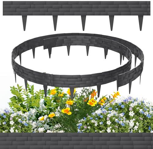 HENGMEI 5 m Rasenumrandung in Anthrazit, Blumenbeetumrandung aus Kunststoff im Kunststein-Design, Rasenumrandung, Gartenzaun-Palisaden, 5 Stück