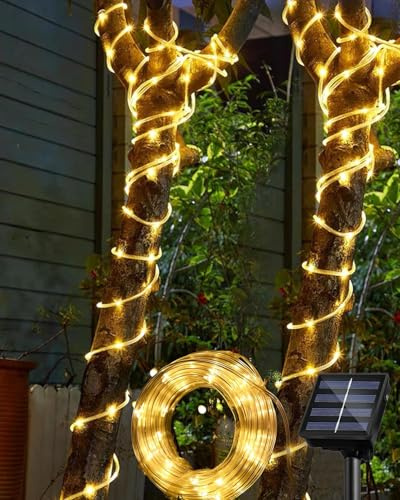 Outdoor Solar LED Rope Lights, IP65 Waterproof Rope Lights 12m/39.4ft 100LEDs Solar Decoration Lights with 8 Lighting Modes, Rope Fairy Light for Garden Tree Party Christmas Decoration (Warm White)