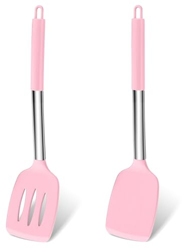 Homikit Pfannenwender 2er Set, Silikon Küchenhelfer Kochbesteck - Rosa | Hitzebeständig Spatel mit Edelstahlgriff, Geschlitzt Küchenutensilien zum Kochen Backen Wenden, Spülmaschinenfest