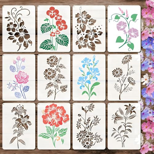 12 Stück Blumenranken-Schablonen-Set, 29,7 x 21 cm, wiederverwendbare PET-Bastelschablonen mit floralen Designs wie Hibiskus, Lilie, Rose, Petunie, Malvorlagen für Holz, Stoff, Scrapbooking, DIY