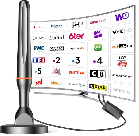 DGUPSP Antenne TV Intérieure Puissante TNT HD, 2025 Le Plus récent Antenne TV Intérieur avec Amplificateur de Signal à Gain Élevé, Réception Longue Portée à 360° avec Base Magnétique Solide pour