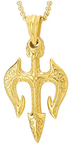 COOLSTEELANDBEYOND Nettuno Tridente Poseidone Protezione Ciondolo, Colore Oro Acciaio Inossidabile Uomo Collana con Catena del Grano 75CM