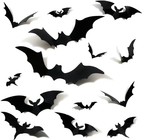 SLWOO Halloween Deko - 96 Stück Halloween 3D Fledermaus Fensterbilder Selbstklebend, 8 Größen, Wasserdicht, PVC, Horror Fensterdeko Aufkleber für Zimmer Spukhaus DIY Party Dekorations