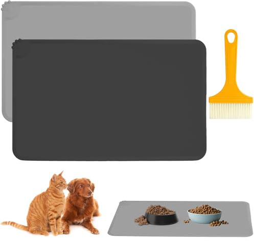 2 Tapis de gamelle pour Chien et Chat,Tapis de Nourriture pour Chien Chat Animal de Compagnie en Silicone étanche, Tapis de Bol pour Animaux de Compagnie,Noir et Gris,48 x 30 cm
