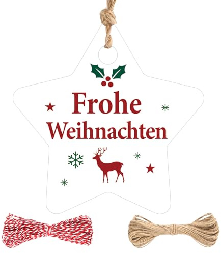 jijAcraft Frohe Weihnachten Geschenkeanhänger Stern: 6CM Weihnachten Geschenkeanhänger, 100 Stück Weiß Frohe Weihnachten Papieranhänger mit Schnur für Weihnachtsbaum Geschenke