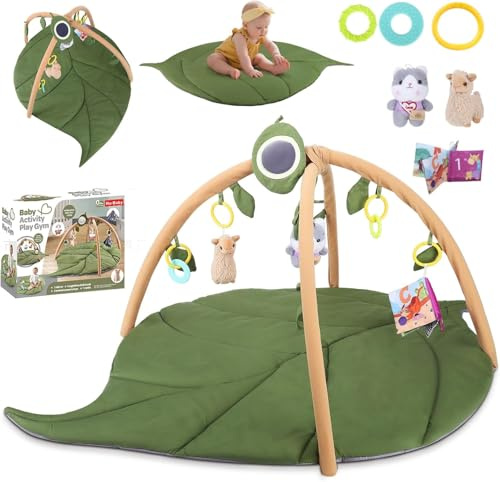 Spielbogen Baby, Krabbeldecke XXL waschbar für Baby mit 5 Höhenverstellbaren Sensorischen Spielzeugen, Blätter Naturthemen Krabbeldecke für Babys ab der Geburt, Spielebogen Babies zur Motorik