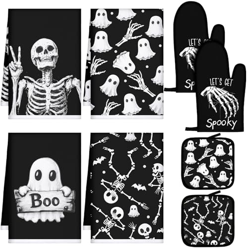 Leinuosen 6 Pcs Halloween Skull Kitchen Towels Oven Mitts and Pot Holders Set Skeleton Hand Dish Towels Skull Oven Mitt Set for Kitchen Home Decorations Cooking Baking Gifts(Ghost)