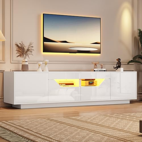 Gxffipw TV Schrank Länge 180 cm für Fernseher bis zu 75 Zoll, Lowboard mit LED-Leuchten und 2 Offenen Fach, Fernsehschrank mit Schubladen und 2 Schränken, Wohnzimmer Möbel TV Board, Weiß