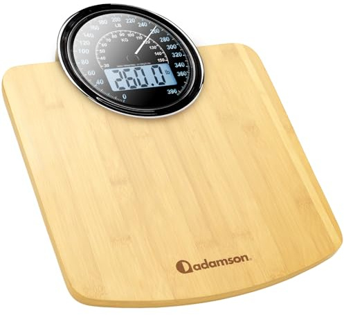 Adamson Hybrid 2-in-1 Analog & Digital Weighing Scale for Body Weight up to 400lbs - Thick Tempered Glass - Extra Large Display - Easy to Read Digital Bathroom Scale - Wood with White Backlight