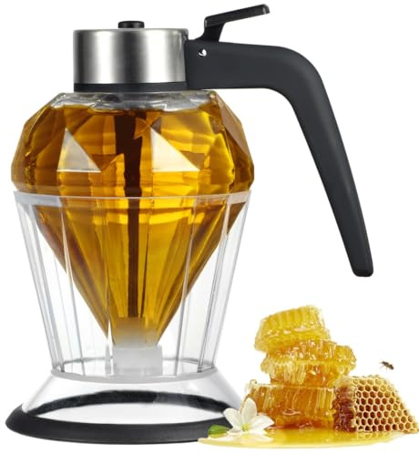 Distributeur de miel élégant avec récipient en verre, élégant pot en forme de diamant pour sirops et sauces, idéal pour la cuisine