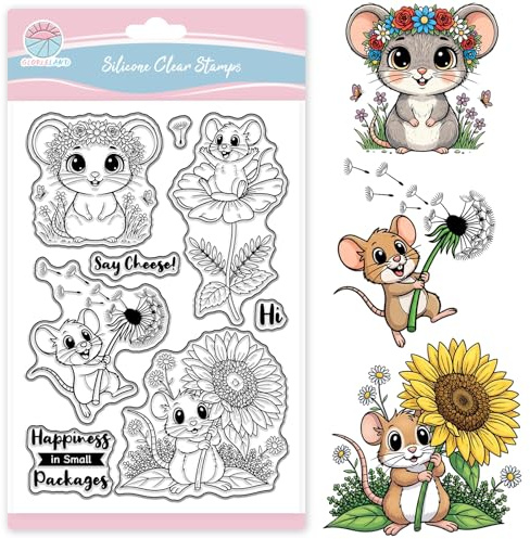 GLOBLELAND Süße Mäuse Transparente Stempel Zum Basteln von Karten Maus Löwenzahn Sonnenblumen Transparenter Stempel Cartoon Tiere Blumen Silikonstempel Siegel Für DIY Scrapbooking Geburtstag