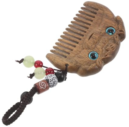 Peine de Madera Tallado a Mano, Portátil, para Mujer, Viaje y Bolso | Sándalo, Dientes Finos para Desenredar, Textura Fina, Accesorio Colgante de Cuentas