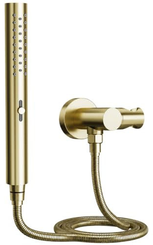 OihPaw Pommeau de douche, or brossé, douchette cylindrique avec 2 jets | Support en laiton, douchette ABS jets pluie/brume, flexible anti-torsion 1,5 m, Pomme de douche à main + flexible + support