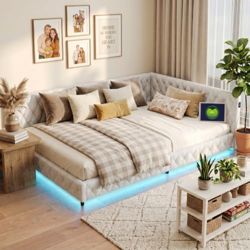MISNODE Polsterbett Schlafsofa 140x200, Sofabett mit LED und USB, L-förmiges Tagesbett Schlafsofa mit Lattenrost, Kinderbett Jugendbett Daybett Doppelbett, Teddy-Samtstoff, Ohne Matratze (Beige-TT03)