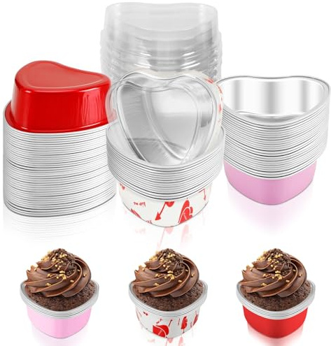 AUGSUN 50 Sets Heart Shaped Cake Pans with Lids, 3.4oz/100ml Mini Heart Cake Pans Valentine's Day Aluminum Foil Baking Cups for Valentine's Day Wedding Party Supplies