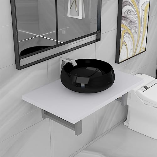 Bucmath 2-TLG. Badmöbel-Set Keramik Weiß, Wandregal Holzwerkstoff, Rundes Aufsatzwaschbecken Schwarz, 60x40cm, Modernes Design für Badezimmer, Waschraum