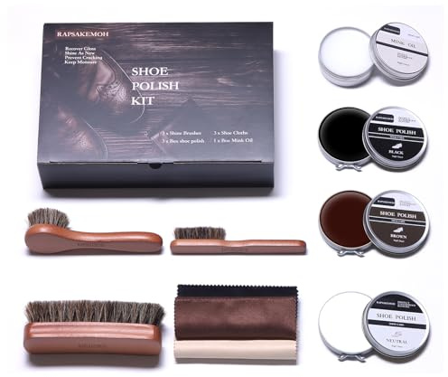 RAPSAKEMOH 10Pcs Shoe Polish Kit, Horsehair Brush Shoe Shine Kit For men, Shoes Boots Care Brushes Polish Kit (1, Light Brown)