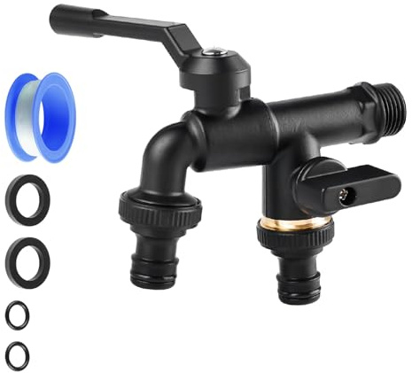 Garten Wasserhahn 1/2 Zoll,Doppel Auslaufhahn aus Messing,Frostschutz Wasserhahns,Waschmaschine Wasserhahn mit 2 x 3/4 Zoll Abgänge,1 Rollendichtband,Doppelwasserhahn für Garten Regentonne Aussen
