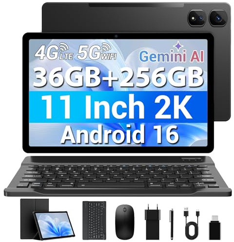 MAXLEGEN Tablet 11 Zoll Cellular, Android 16, 2K FHD, 36GB RAM+256GB ROM/1TB TF, 4G LTE Dual SIM+5G WLAN, 2GHz Octa-Core Android Tablet mit 9580mAh, 13MP, GPS, GMS, mit Tastatur/Stift/Maus/Hülle